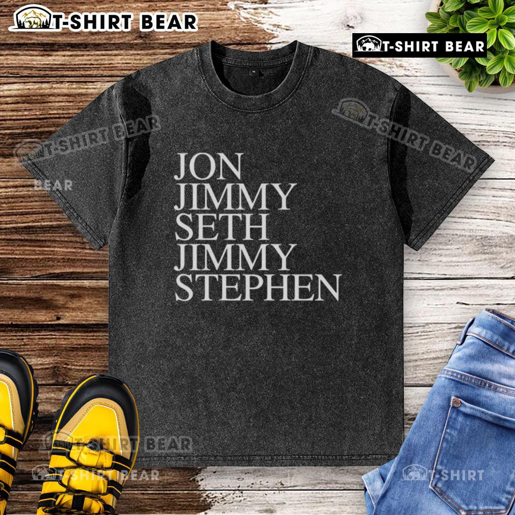 Top John, Jimmy, Seth, and Stephen wearing washed T-shirts, showcasing a trendy casual style for fashion enthusiasts.