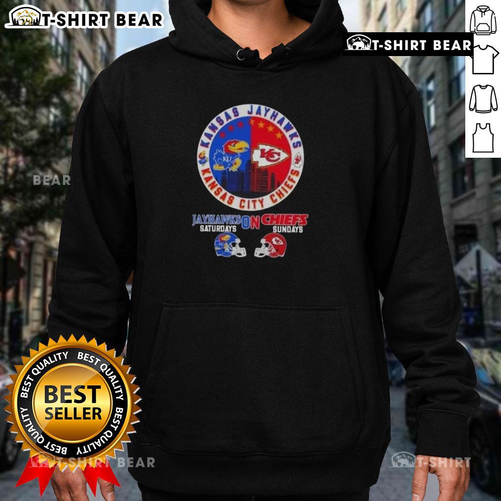 Top Kansas Sports hoodie featuring Jayhawks and Chiefs helmets, perfect for game day wear on Saturdays and Sundays.