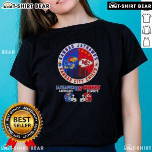 Top Kansas Sports tee featuring Jayhawks and Chiefs helmets, perfect for football fans on Saturdays and Sundays.