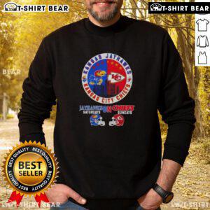 Cozy sweatshirt featuring Jayhawks and Chiefs logos, perfect for Kansas sports fans on game days.