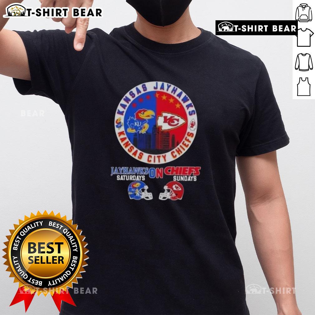 Top Kansas Sports Jayhawks Saturdays On Chiefs Sundays football t-shirt featuring team helmets and vibrant colors.