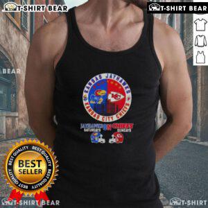 Top Kansas Sports Jayhawks and Chiefs Sundays football tank top featuring team logos and vibrant colors.
