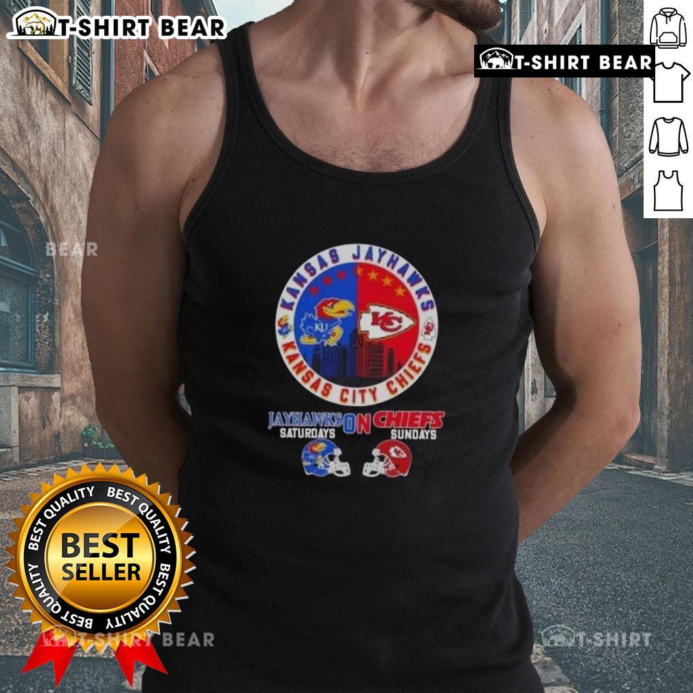 Top Kansas Sports Jayhawks and Chiefs Sundays football tank top featuring team logos and vibrant colors.