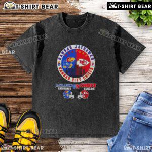 Top Kansas Sports Jayhawks Saturdays on Chiefs Sundays football helmets washed t-shirt, perfect for game day fans.