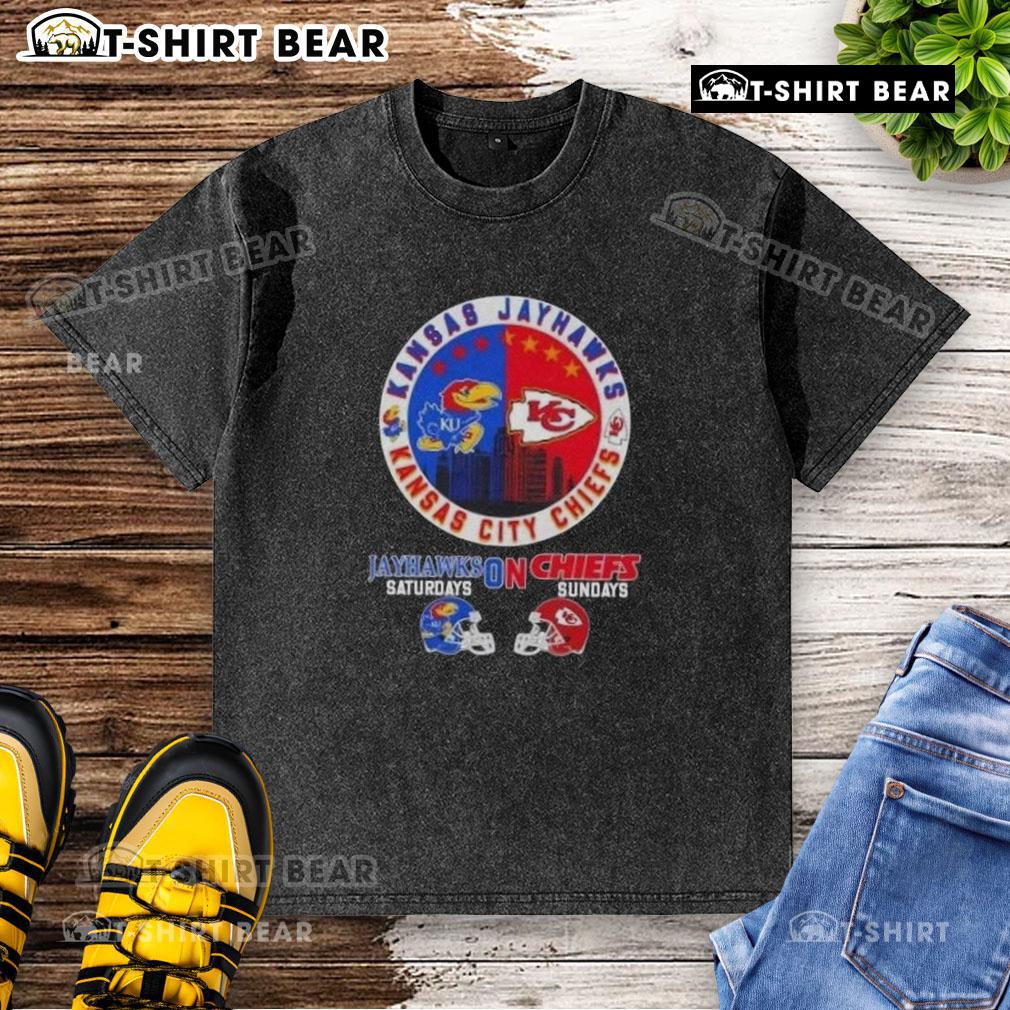 Top Kansas Sports Jayhawks Saturdays on Chiefs Sundays football helmets washed t-shirt, perfect for game day fans.