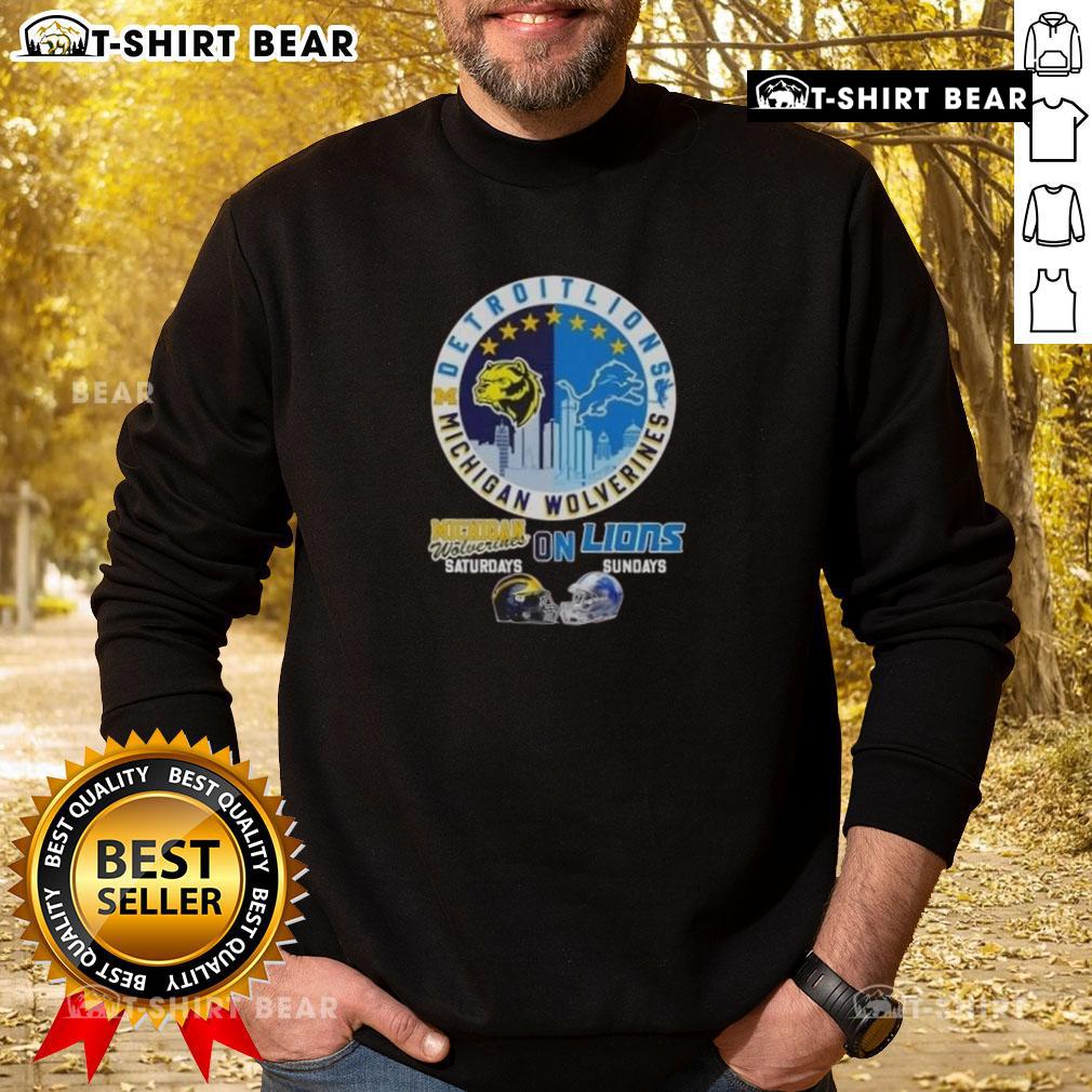 Top Michigan Wolverines Saturdays on Detroit Lions Sundays helmets skyline sweatshirt design for sports fans.