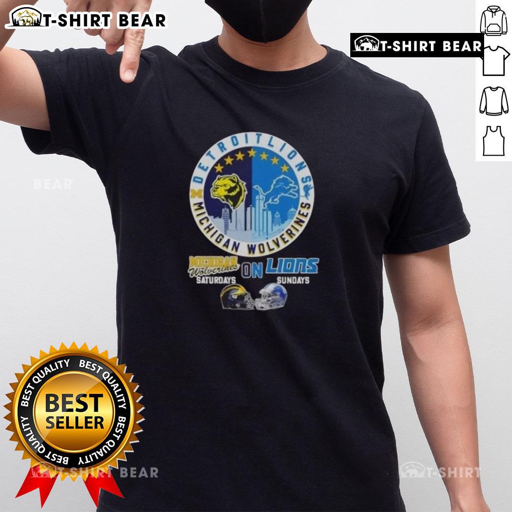 Michigan Wolverines Saturdays & Detroit Lions Sundays helmet skyline t-shirt design showcasing team spirit and pride.