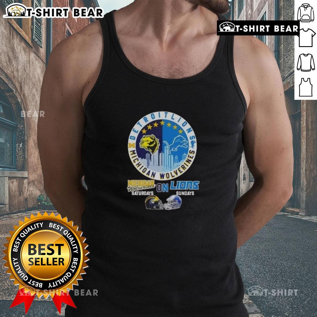 Alt Text: Top Michigan Wolverines Saturdays & Detroit Lions Sundays tank top featuring helmets and skyline design.
