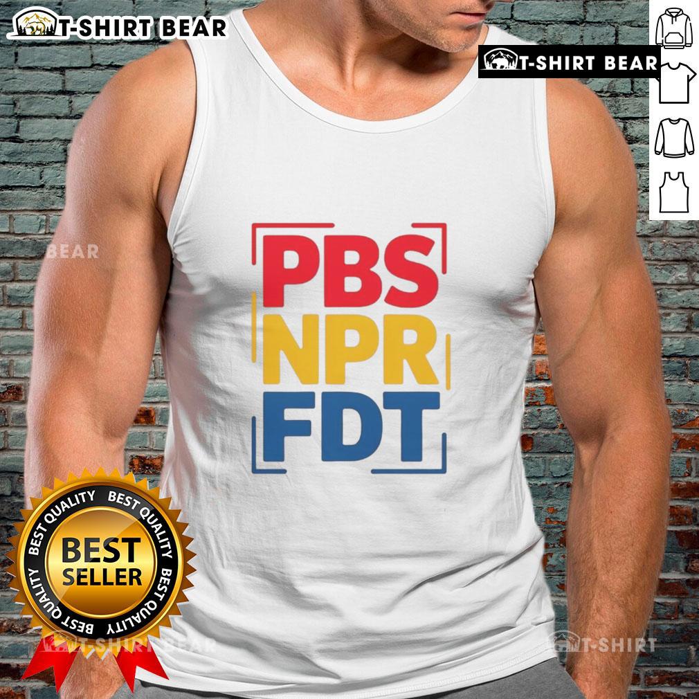 Stylish Top PBS NPR FDT public media graphic tank top featuring vibrant colors and bold design for media enthusiasts.