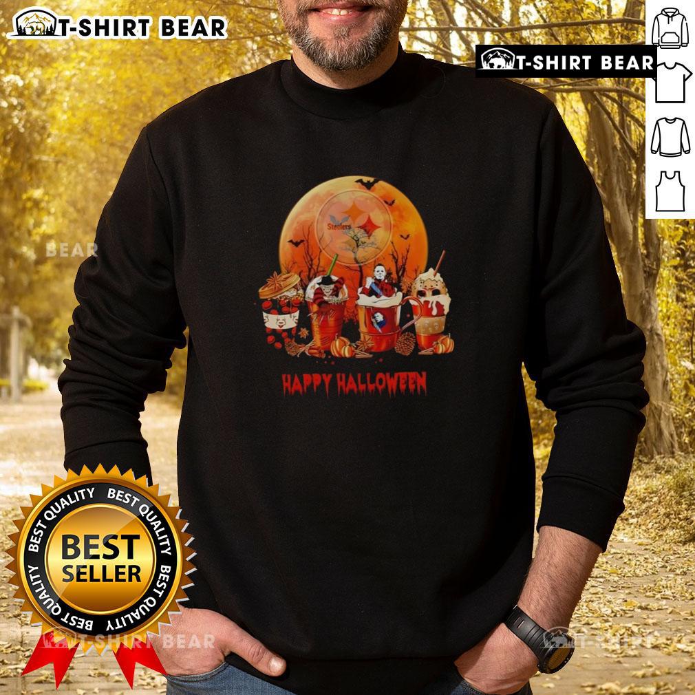 Cozy Top Pittsburgh Steelers Happy Halloween coffee sweatshirt featuring festive designs and team colors.