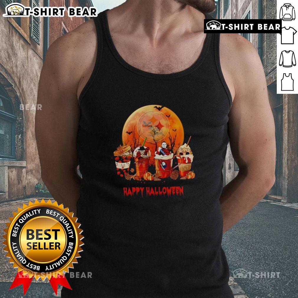 Happy Halloween coffee tank top featuring Pittsburgh Steelers design, perfect for fans celebrating the spooky season.