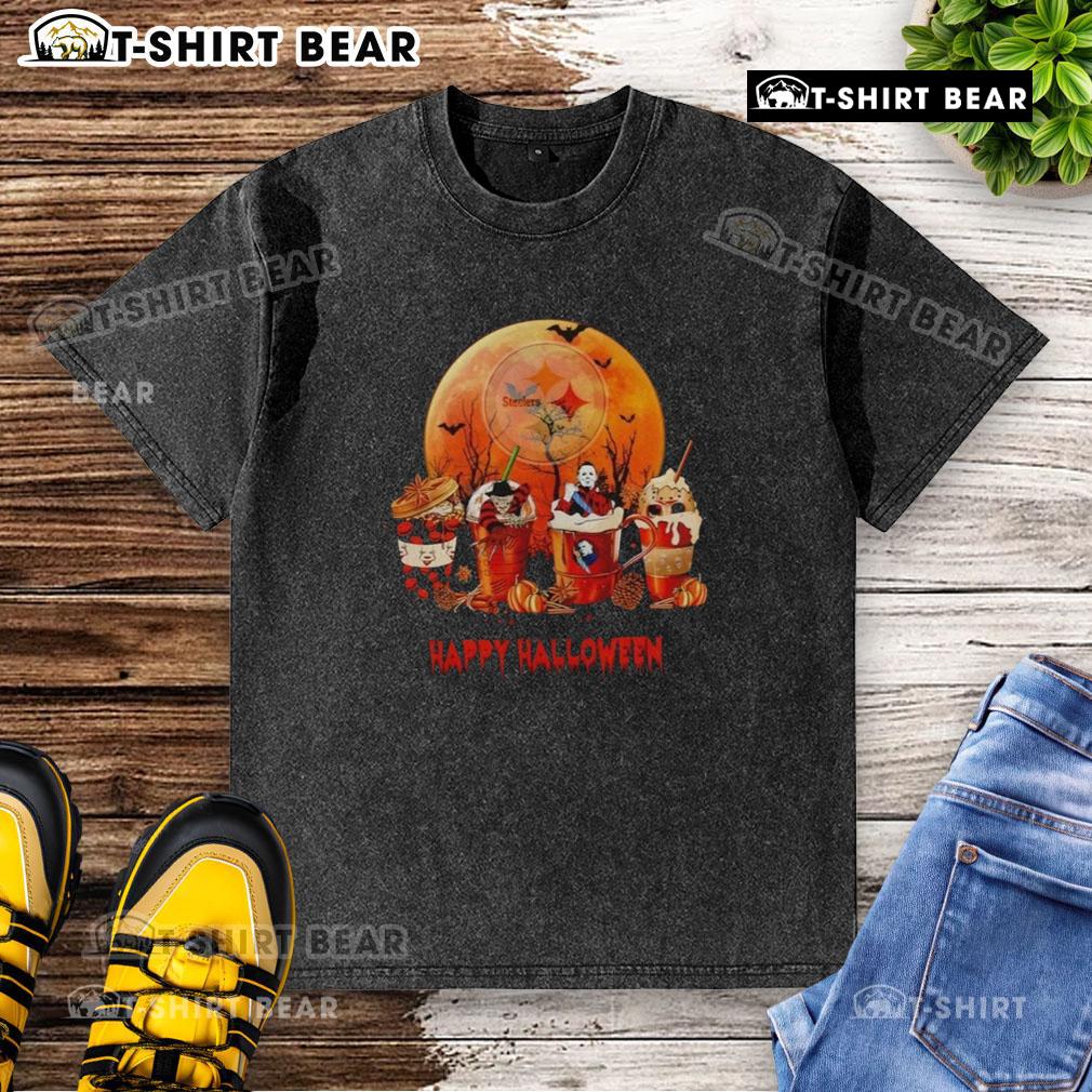 Top Pittsburgh Steelers Happy Halloween coffee-washed t-shirt featuring festive design and team logo for fans.