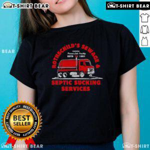 Distressed ladies tee featuring Top Rothschilds Sewage and Septic Sucking Services logo, ideal for casual wear.