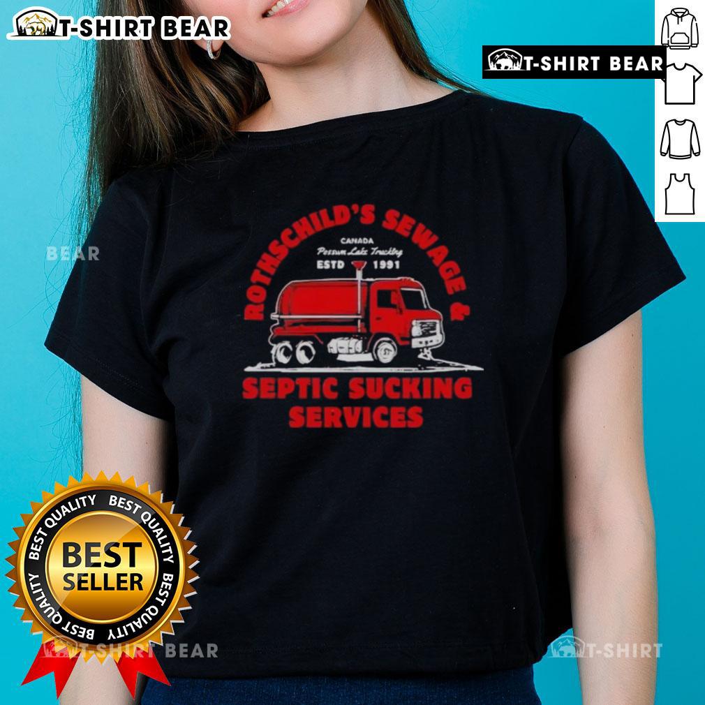 Distressed ladies tee featuring Top Rothschilds Sewage and Septic Sucking Services logo, ideal for casual wear.