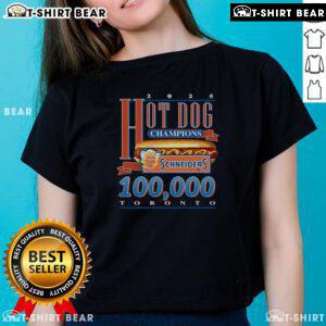 Top Schneiders 2025 Hot Dog Champions season record Toronto ladies tee showcasing team pride and vibrant design.
