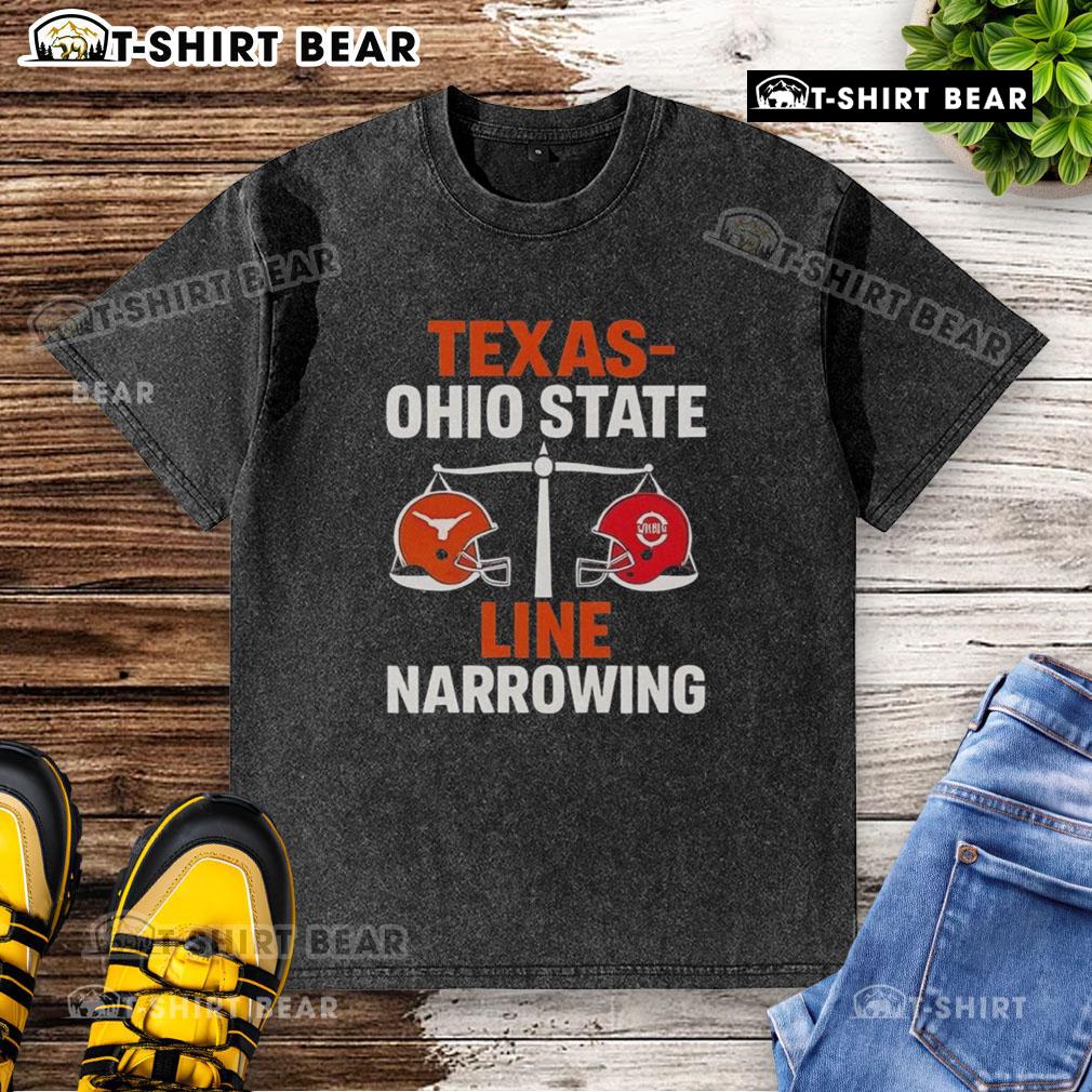 Top Texas vs Ohio State 2025 line narrowing washed t-shirt showcasing team logos and vibrant colors for fans.