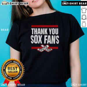 Alt Text: Top Thank You Sox Fans South Side Ladies Tee featuring a stylish design for Chicago White Sox supporters.