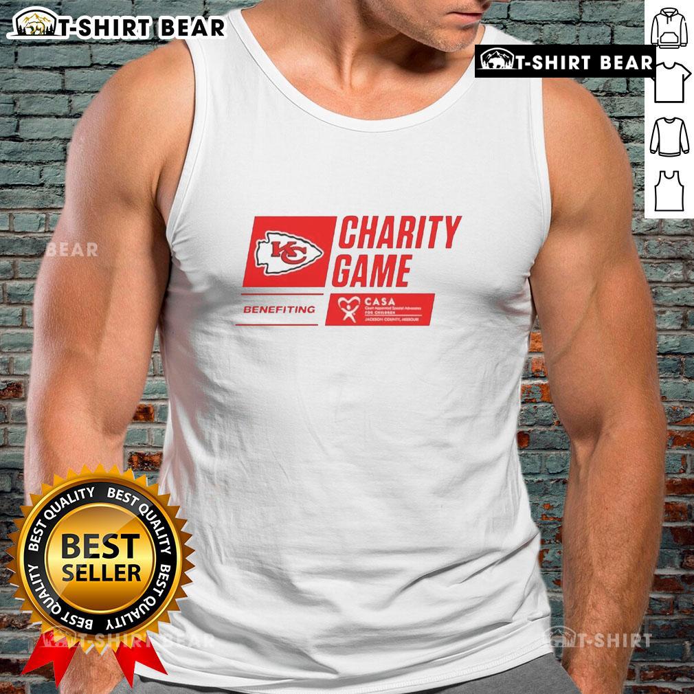 Xavier Worthy wearing a Kansas City Chiefs charity tank top at CASA benefit game, promoting community support and awareness.