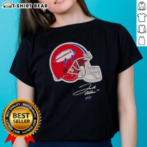 Awesome Josh Allen Buffalo Bills helmet signature ladies tee featuring vibrant graphics and team colors for fans.