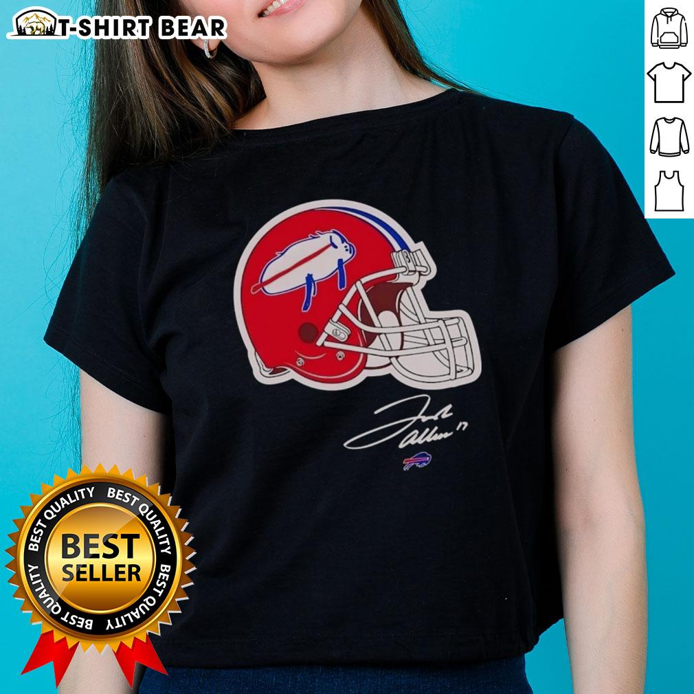 Awesome Josh Allen Buffalo Bills helmet signature ladies tee featuring vibrant graphics and team colors for fans.