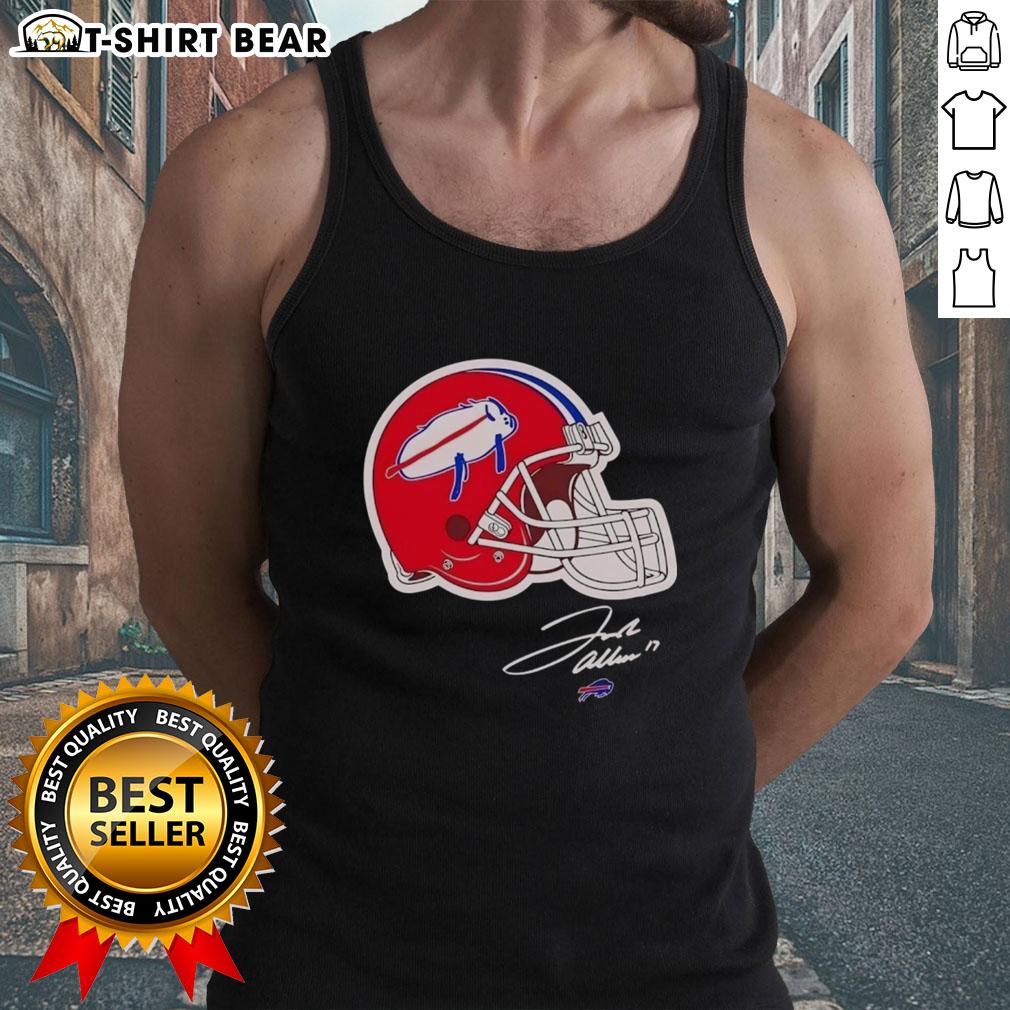 Alt Text: Josh Allen Buffalo Bills helmet signature tank top showcasing team pride and athlete tribute in vibrant colors.