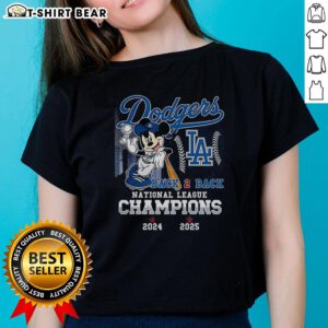 Alt Text: Awesome Mickey Mouse X Los Angeles Dodgers 2025 Ladies Tee celebrating back-to-back National League Champions.