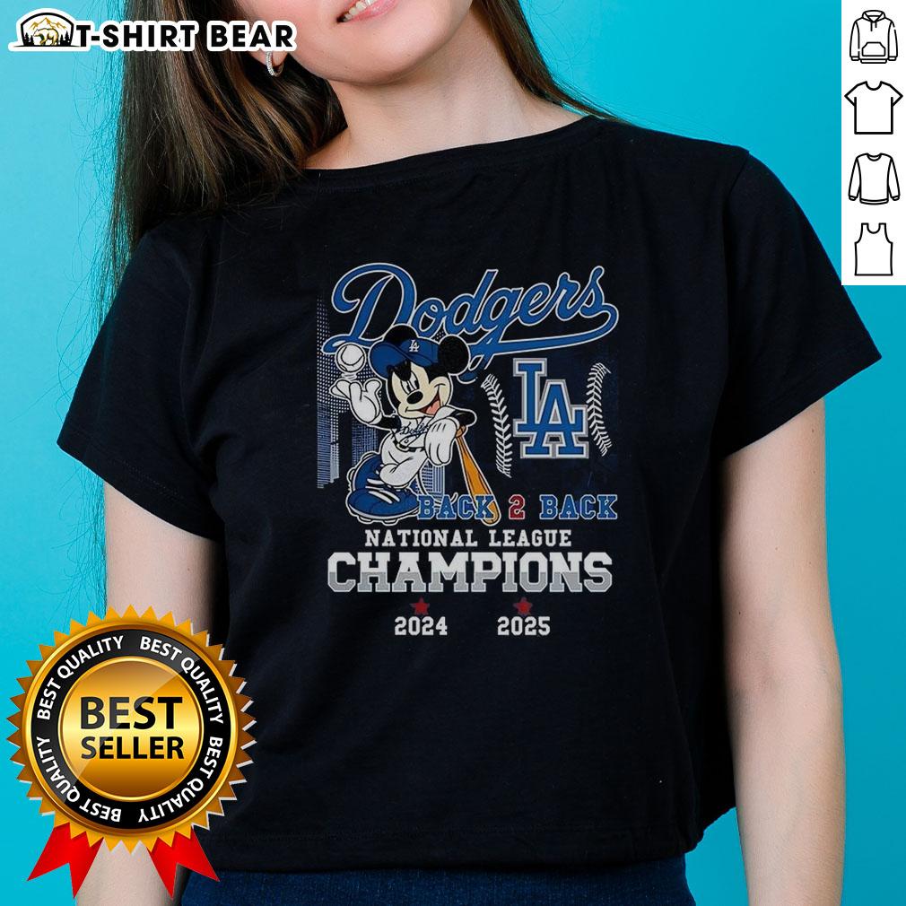 Alt Text: Awesome Mickey Mouse X Los Angeles Dodgers 2025 Ladies Tee celebrating back-to-back National League Champions.