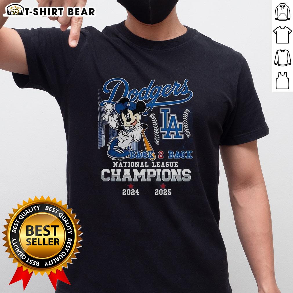Awesome Mickey Mouse X Los Angeles Dodgers Back To Back National League Champions 2025 T-Shirt featuring vibrant graphics.