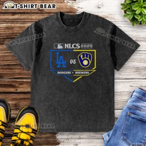 Awesome Milwaukee Brewers vs Los Angeles Dodgers 2025 NLCS Matchup Washed T-Shirt showcasing team logos and vibrant colors.