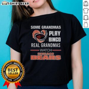 Real grandmas enjoying bingo while watching Chicago Bears football in a stylish Diamond Heart ladies tee shirt.