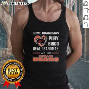 Grandmas enjoy bingo wearing Chicago Bears tank tops, showcasing fun and love for football in a vibrant setting.