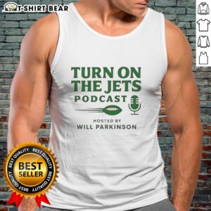 Awesome Turn On The Jets Podcast tank top featuring bold logo design, perfect for fans of sports and podcasts.