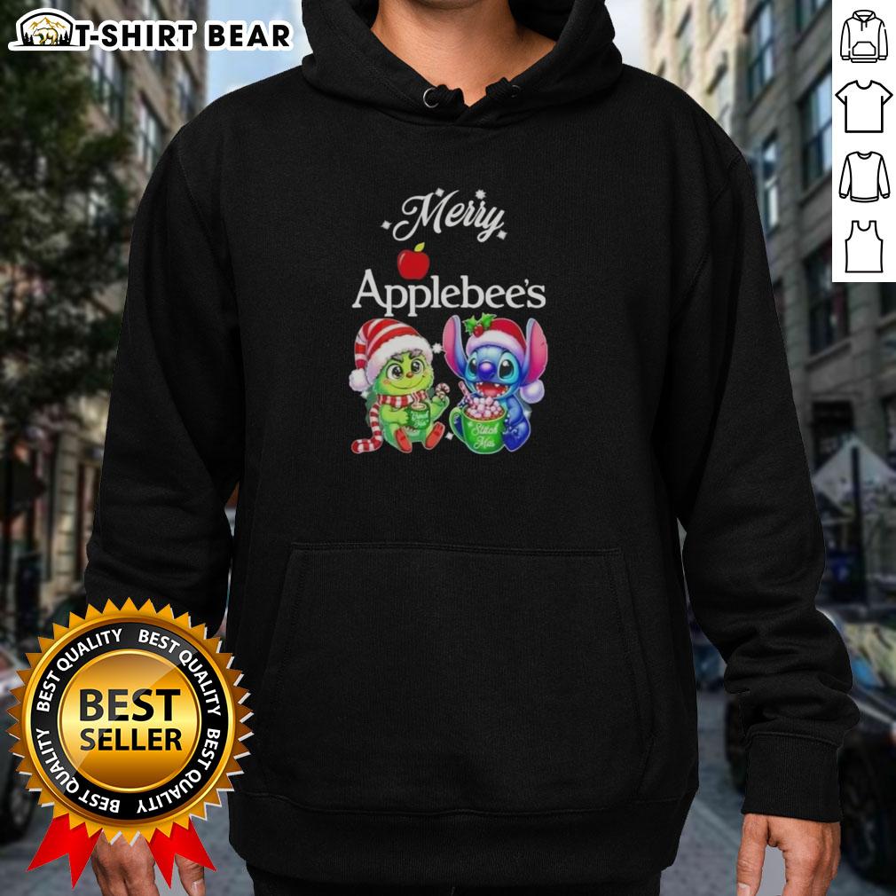 Adorable Cute Baby Grinch and Stitch hoodie at Applebee's for a Merry Christmas celebration.