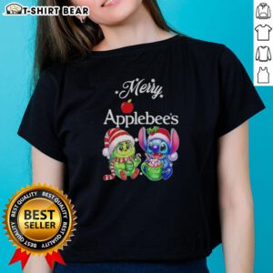 Cute Baby Grinch and Stitch on Applebee's Merry Christmas ladies tee, perfect for festive holiday celebrations.