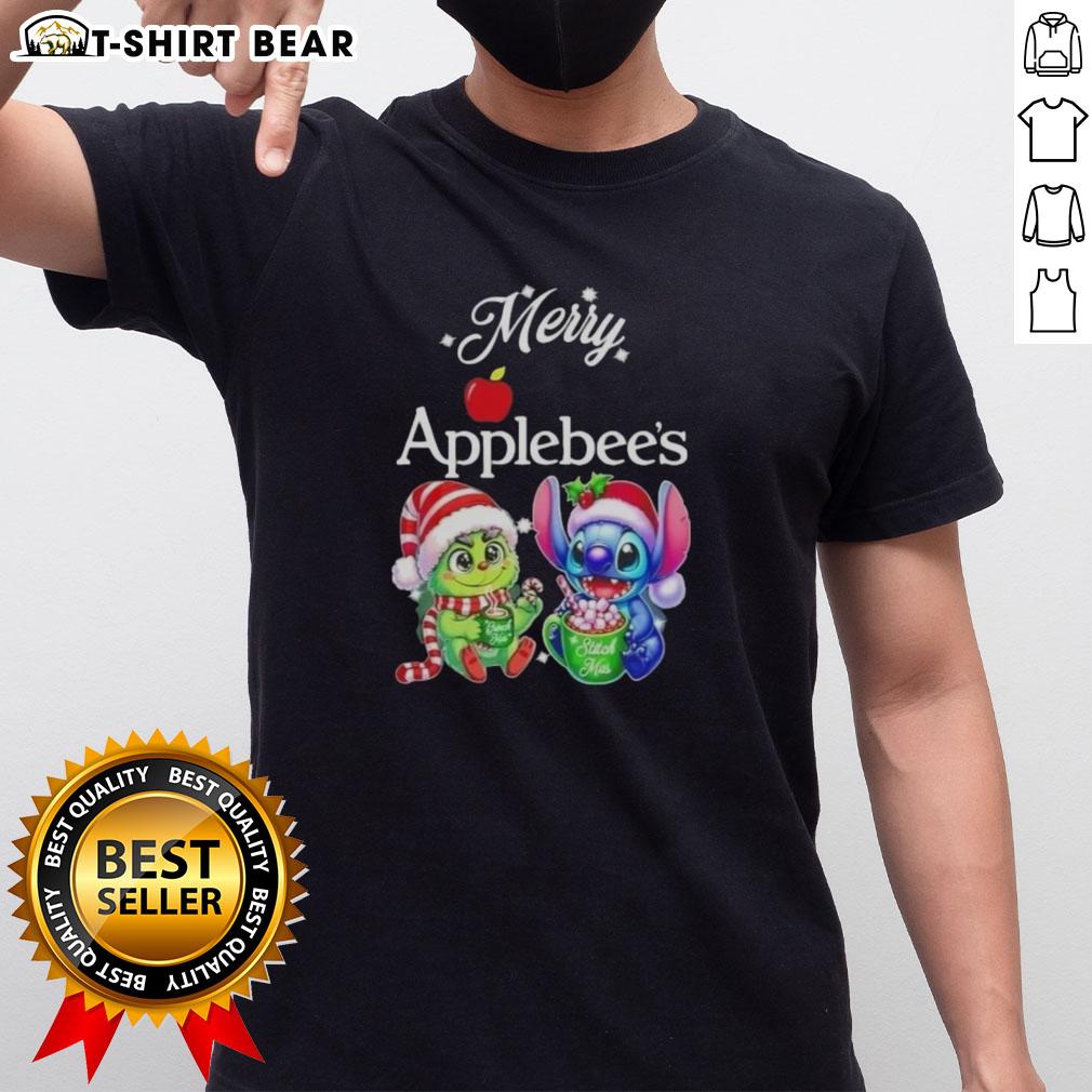 Alt Text: Cute Baby Grinch and Stitch on Merry Christmas T-Shirt from Applebee's, perfect for festive holiday cheer.