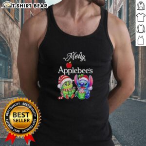 Cute baby Grinch and Stitch in Applebee's Merry Christmas tank top, perfect for festive holiday celebrations.