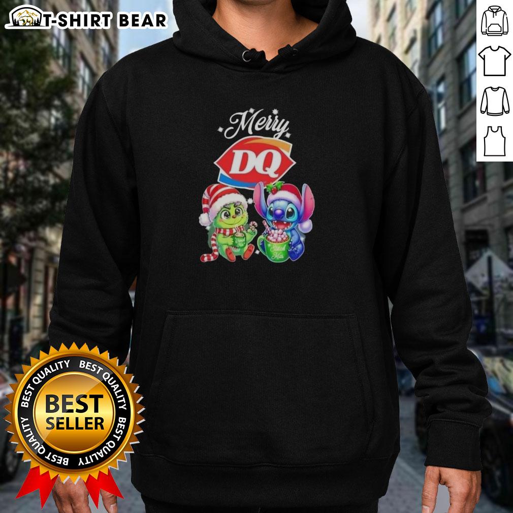 Alt Text: Cute baby Grinch and Stitch in a Dairy Queen Merry Christmas hoodie, perfect for festive holiday celebrations.