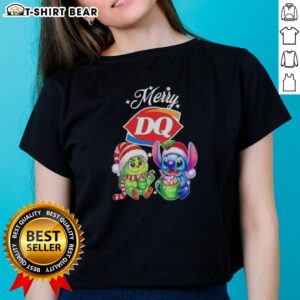 Cute Baby Grinch and Stitch on a Dairy Queen Merry Christmas Ladies Tee, perfect for holiday celebrations.