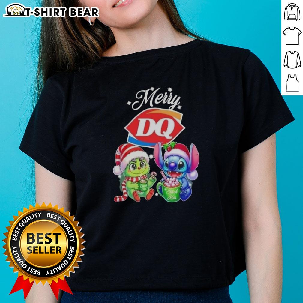 Cute Baby Grinch and Stitch on a Dairy Queen Merry Christmas Ladies Tee, perfect for holiday celebrations.