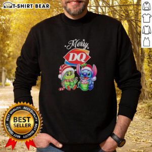 Cute Baby Grinch and Stitch X Dairy Queen Merry Christmas sweatshirt showcasing festive holiday cheer.