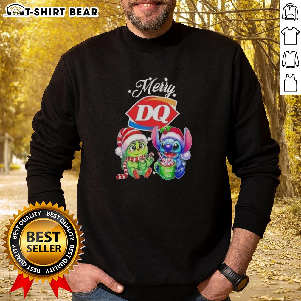 Cute Baby Grinch and Stitch X Dairy Queen Merry Christmas sweatshirt showcasing festive holiday cheer.