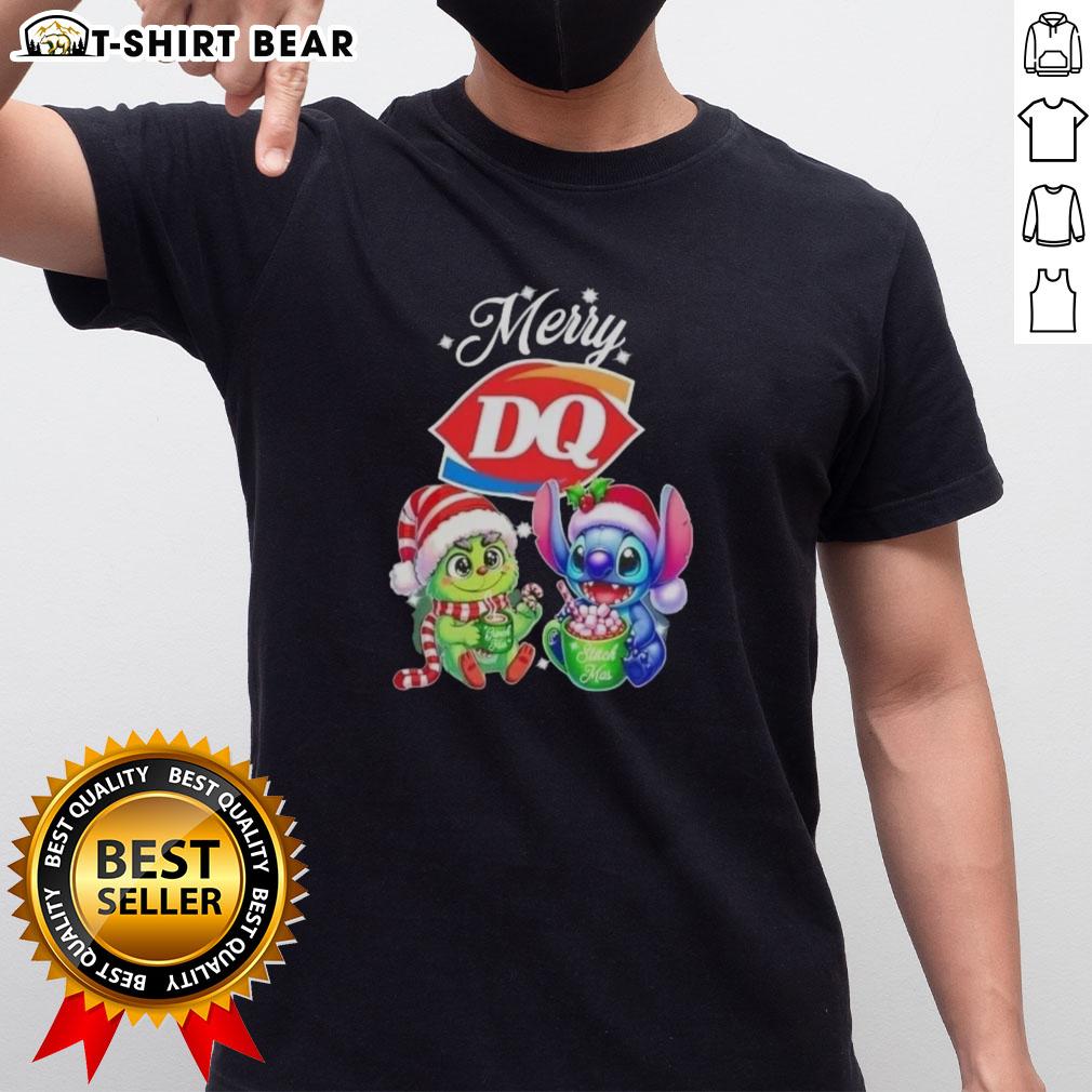 Alt Text: Cute Baby Grinch and Stitch on a Merry Christmas T-Shirt from Dairy Queen, perfect for festive holiday celebrations.