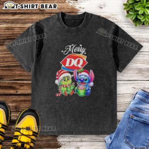 Cute baby Grinch and Stitch graphic on a Dairy Queen Merry Christmas washed t-shirt for festive holiday fashion.