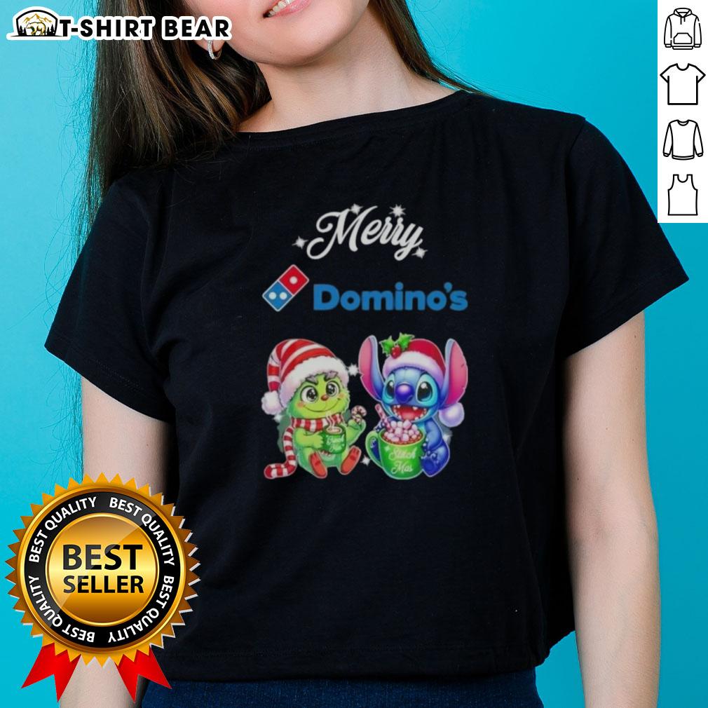 Alt Text: Cute Baby Grinch and Stitch X Dominos Merry Christmas Ladies Tee featuring festive designs and vibrant colors.