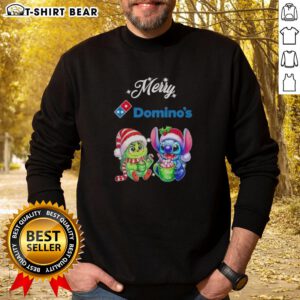 Cute Baby Grinch and Stitch X Dominos Merry Christmas Sweatshirt, perfect festive apparel for holiday celebrations.