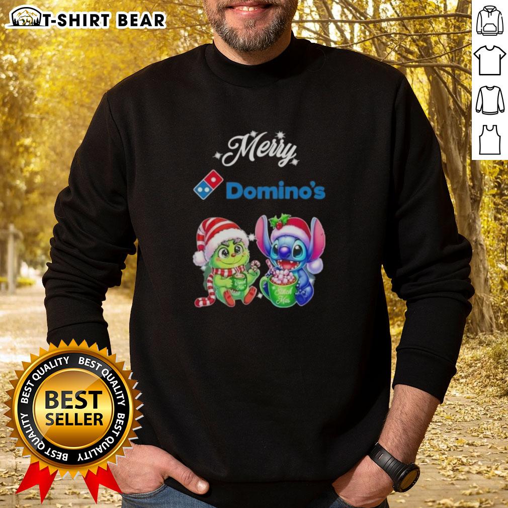 Cute Baby Grinch and Stitch X Dominos Merry Christmas Sweatshirt, perfect festive apparel for holiday celebrations.