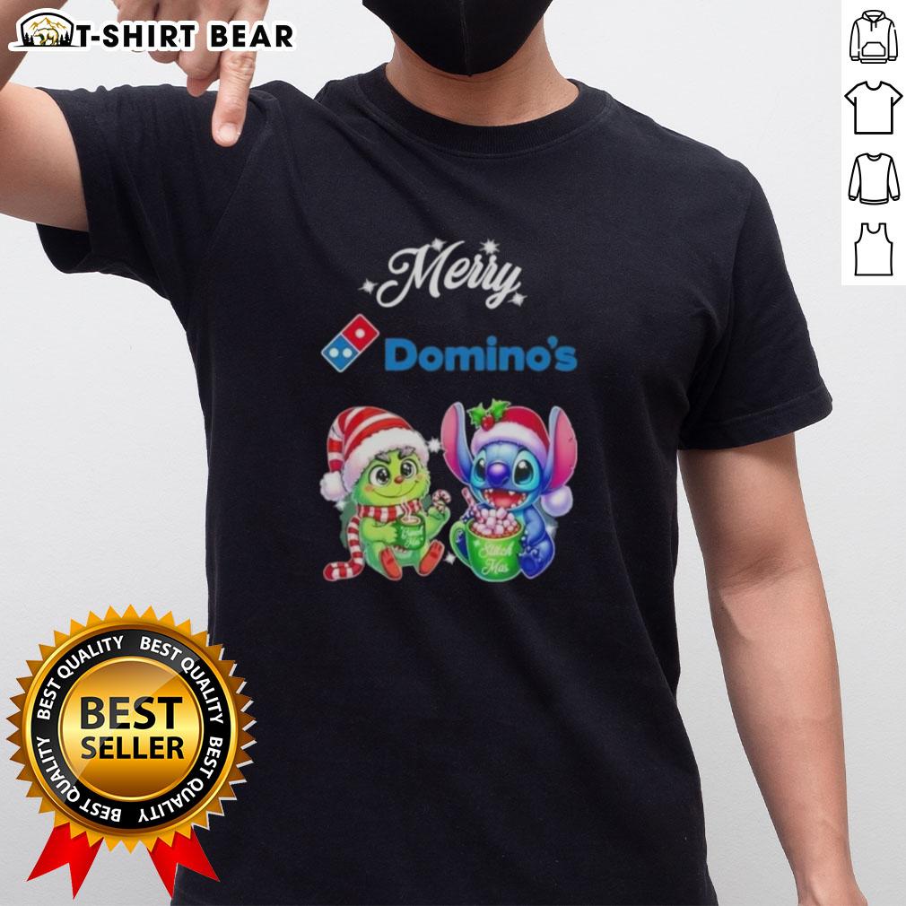 Alt Text: Cute Baby Grinch and Stitch on a Domino's Merry Christmas T-Shirt, perfect for festive holiday celebrations.