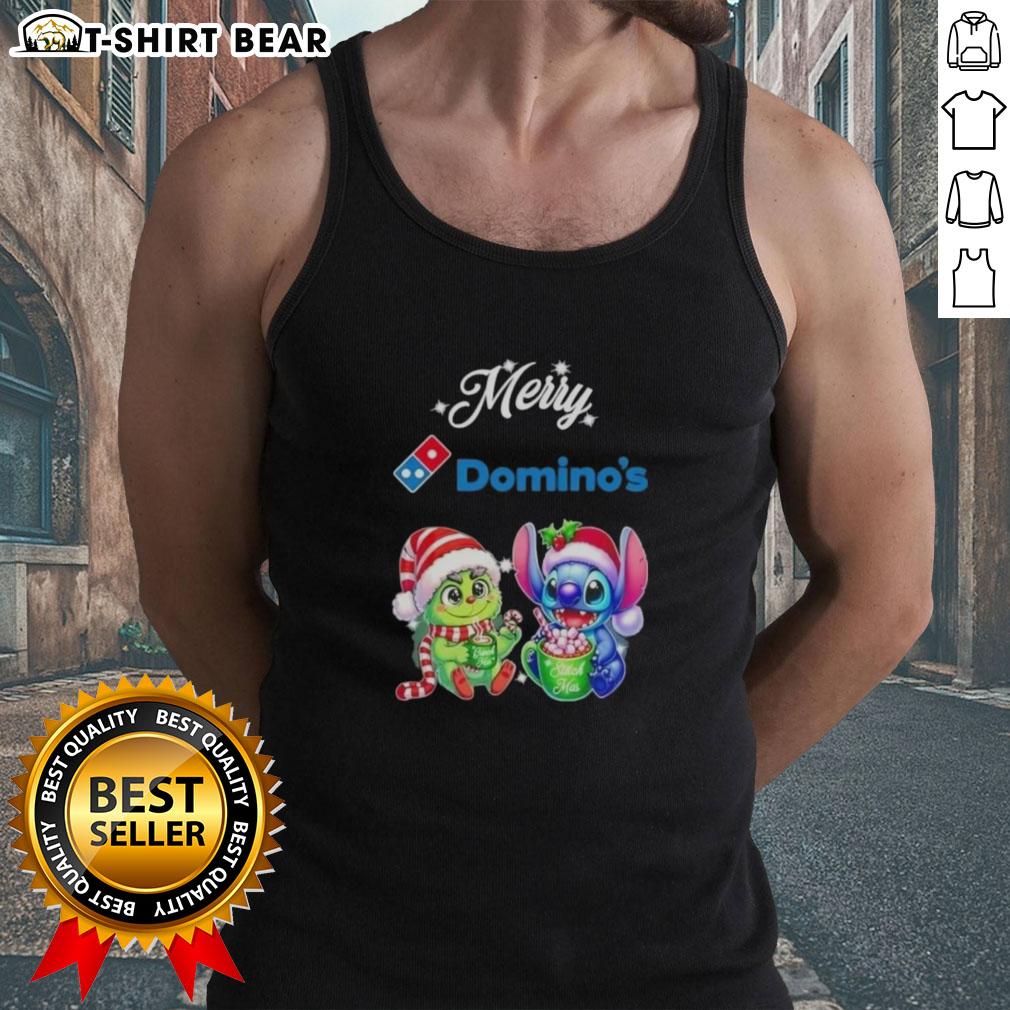 Cute Baby Grinch and Stitch X Dominos Merry Christmas tank top design for festive holiday celebrations.