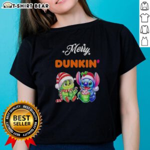 Alt Text: Cute Baby Grinch and Stitch X Dunkin Merry Christmas ladies tee featuring festive holiday designs.