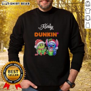 Alt Text: Cute Baby Grinch and Stitch X Dunkin Merry Christmas Sweatshirt design featuring festive holiday graphics.